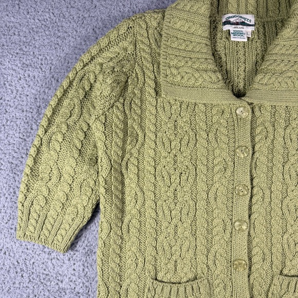 Vintage Aran Crafts Cable Knit Sweater Size Large Green Cardigan Merino Wool - Picture 2 of 8